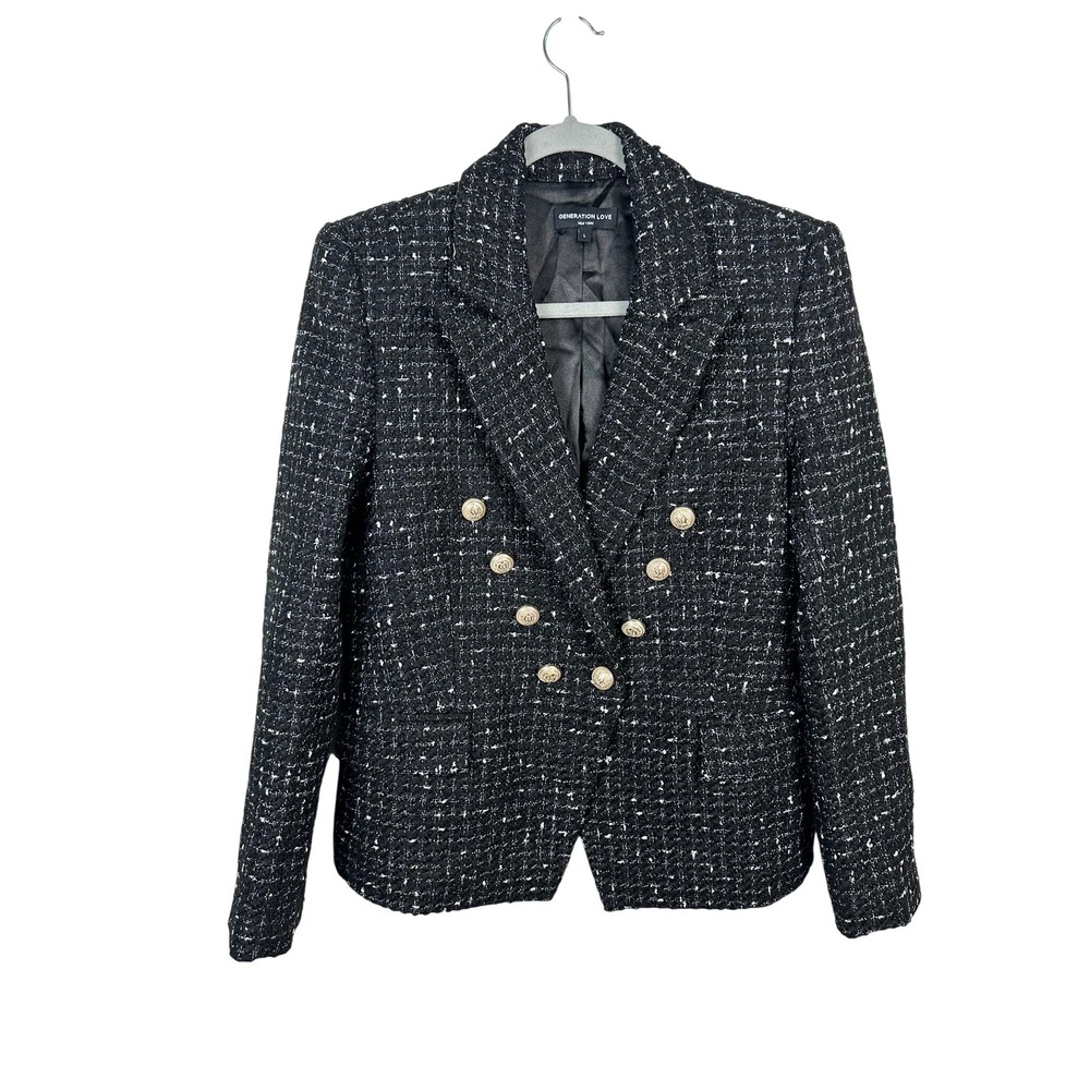 Generation Love Blazer Womens Large Black Tweed Excellent Double Breasted Gold